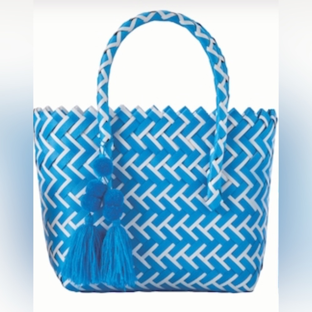 Blue and White Woven Tote Bag